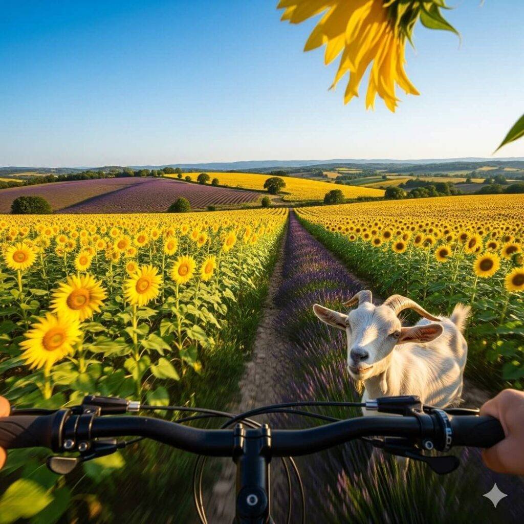 Photorealistic view from bicycle handlebars, zooming through sunflower fields. A goat photobombs.