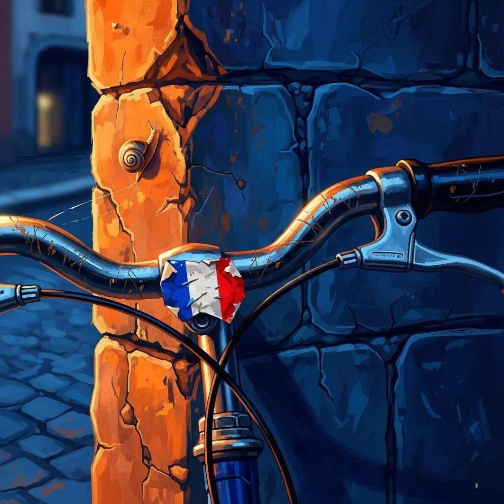 An impressionistic digital painting of a scratched bike handlebar with a peeling French flag sticker.