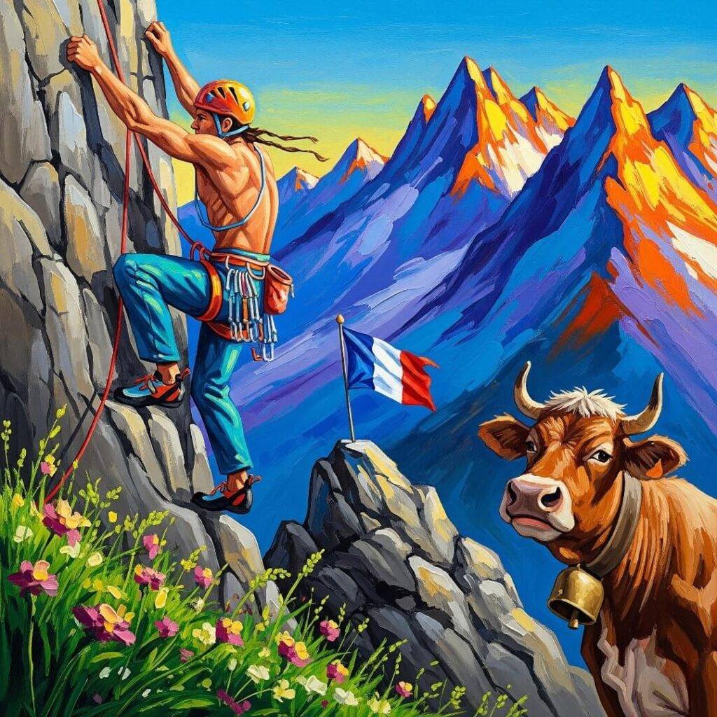 A person struggles up a hill, a goat watches, and a picnic blanket.