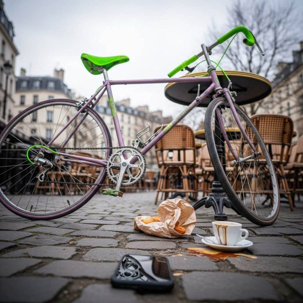 A bike propped against a cafe table with a spilled espresso.