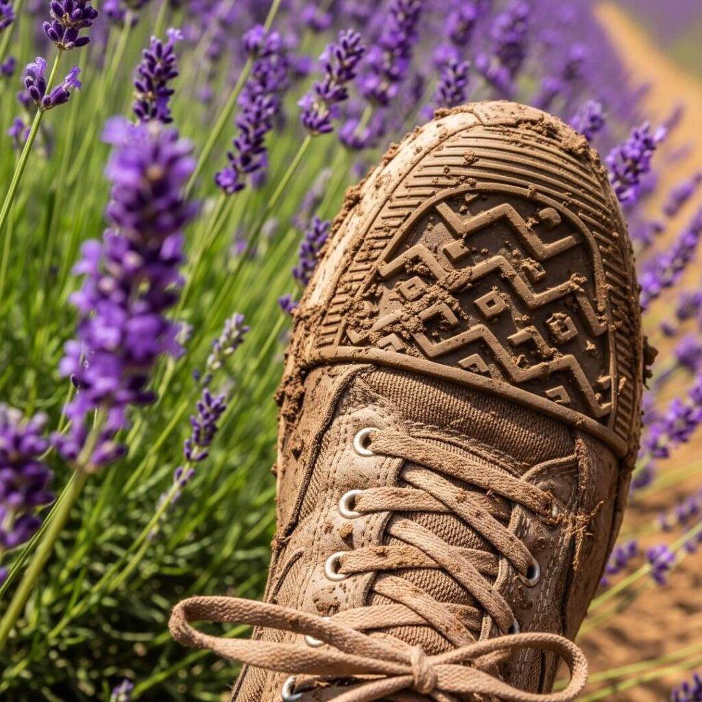 Close-up shot of muddy sneakers on a lavender trail, vibrant colors.
