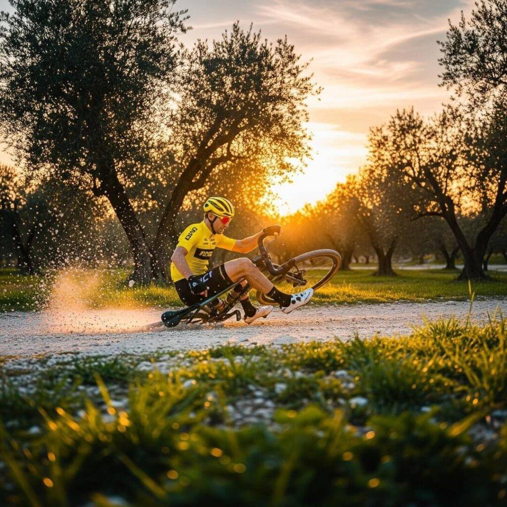 A photo of a cyclist mid-fall on a gravel trail at sunset.