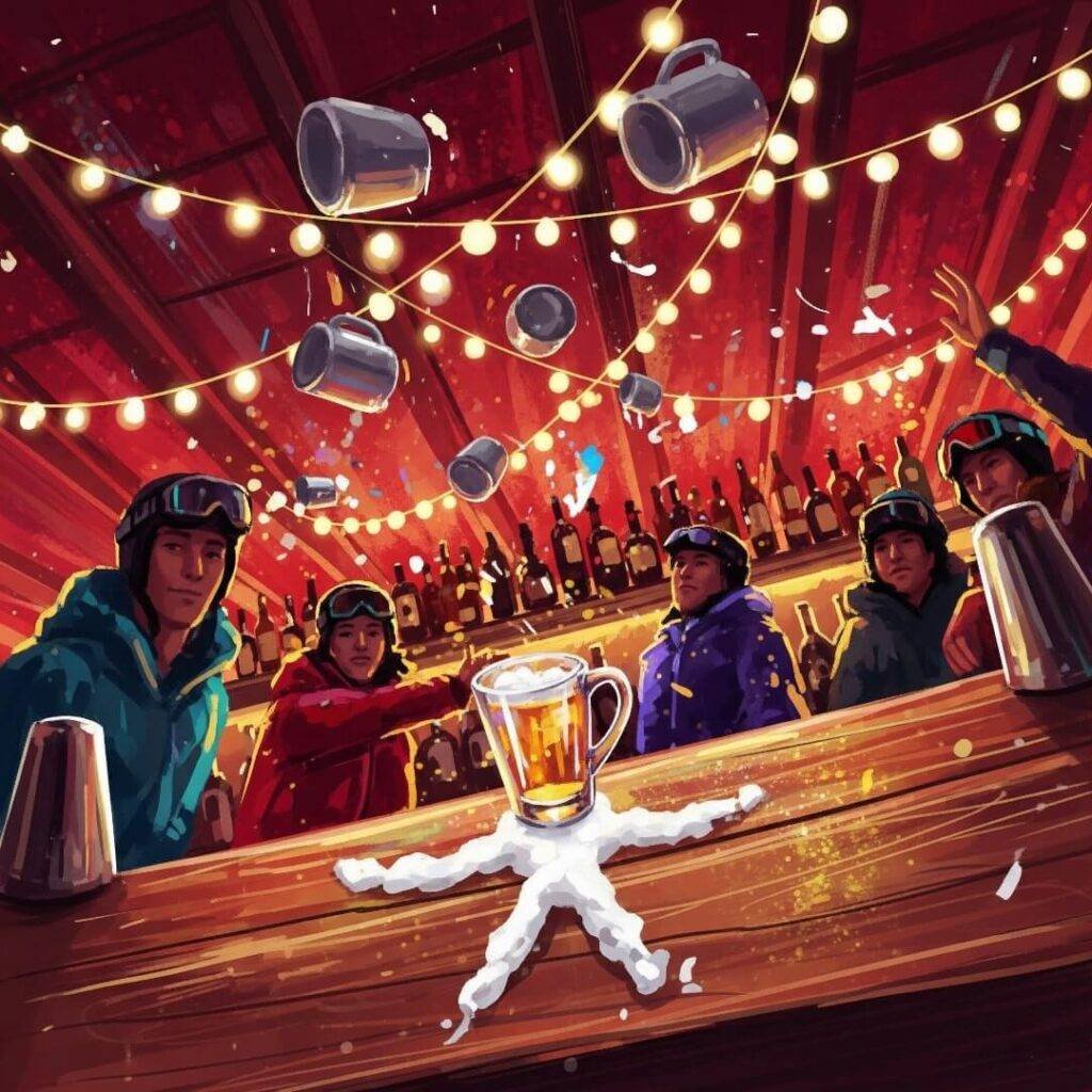 An impressionistic digital painting of a chaotic bar scene with clinking mugs and a spilled drink forming a snow angel.