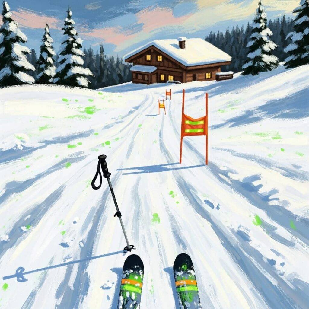 An impressionistic painting of a gentle ski slope, with a lone pole in the snow.