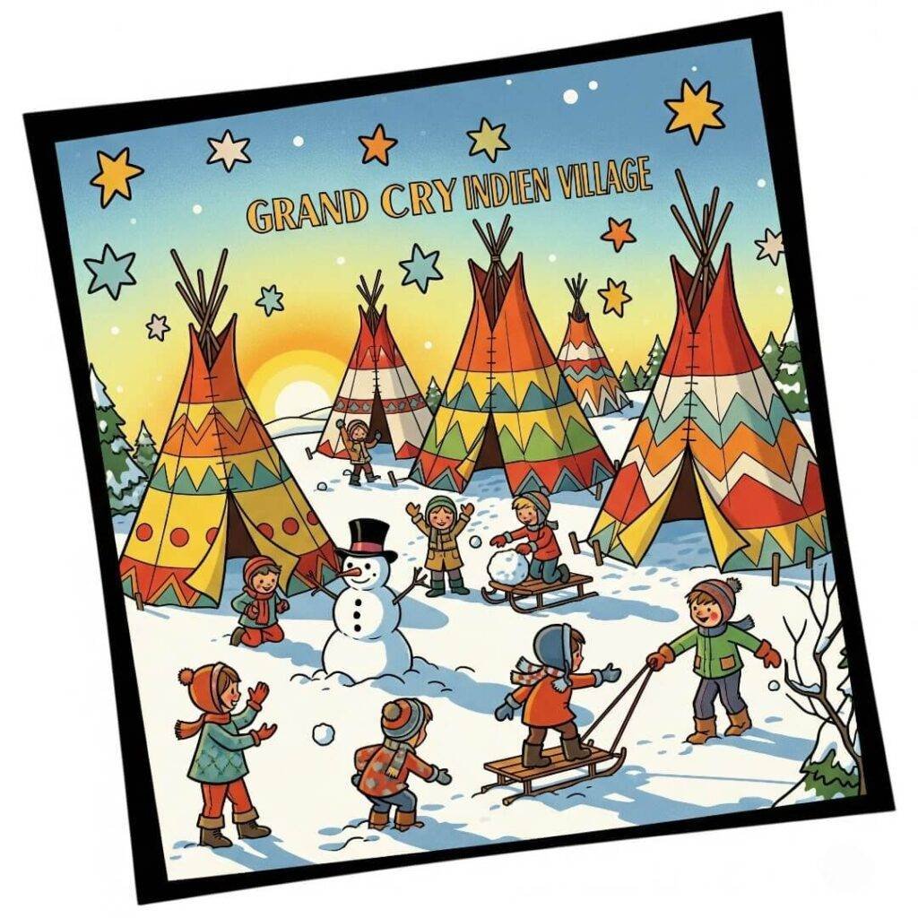 An illustration of kids playing near teepees with star-shaped snowflakes.