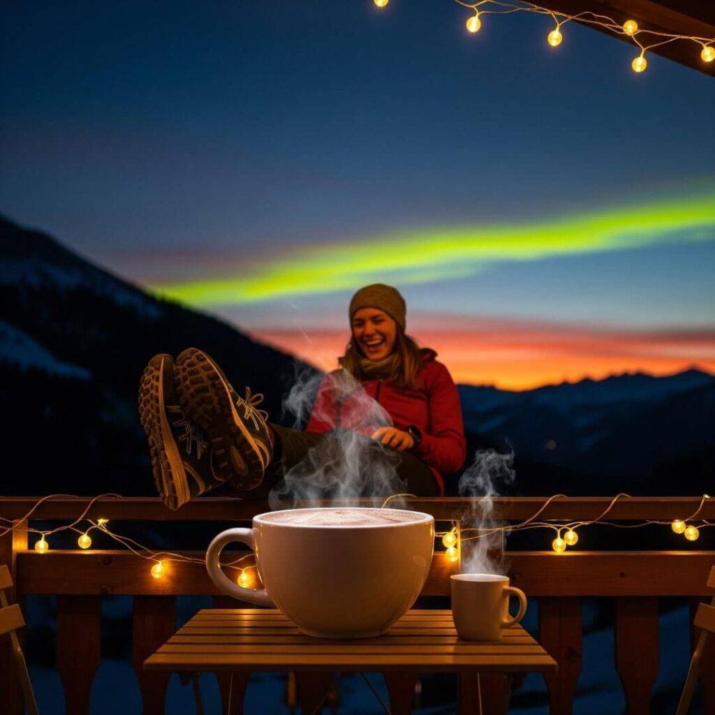 A slightly blurred photo of a person laughing on a patio with a comically large mug of hot cocoa.