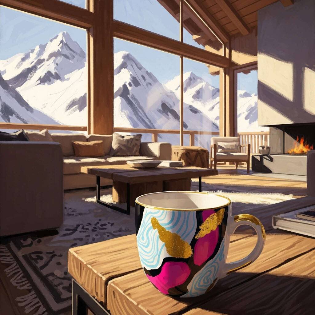 Impressionistic painting of a cozy chalet living room with snowy mountain views.