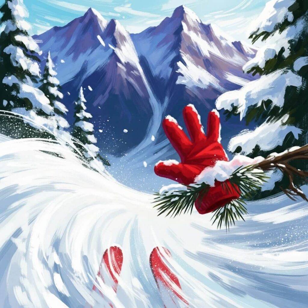 A digital painting from a skier's POV with a red mitten.