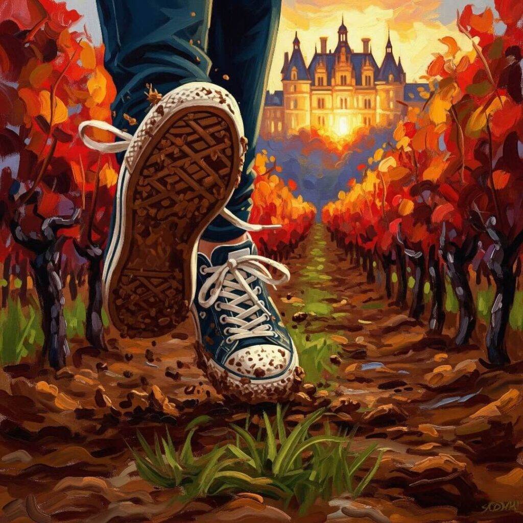 A person's sneakers covered in mud in a vineyard.