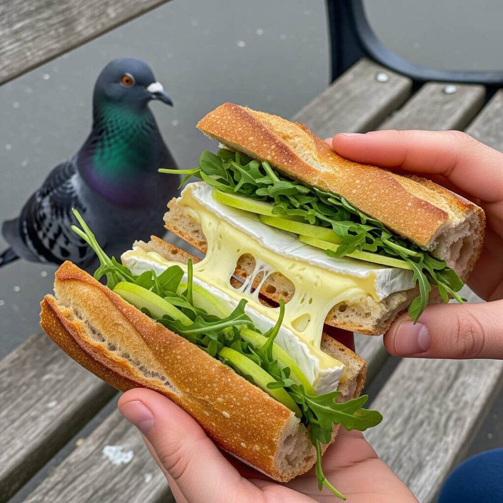 A baguette sandwich with brie and greens is held.