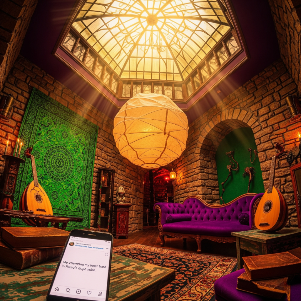 Stone suite, glass ceiling, giant lantern, purple couch.