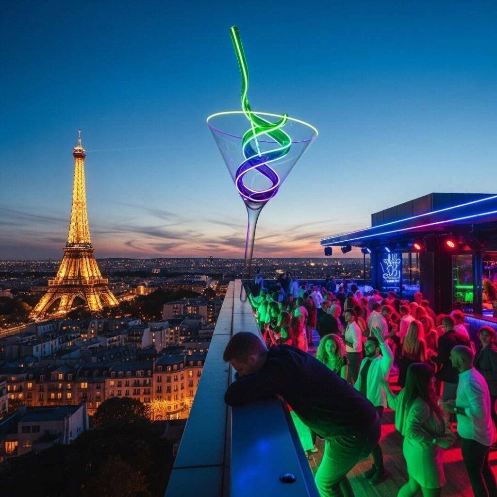 Rooftop club with Eiffel Tower and glowing straw.