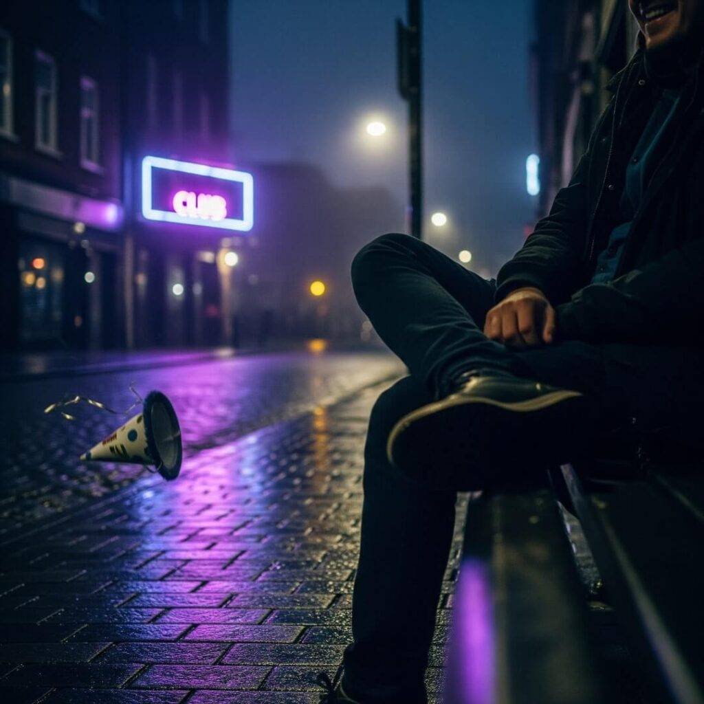 Person on bench, party hat, club sign at night.