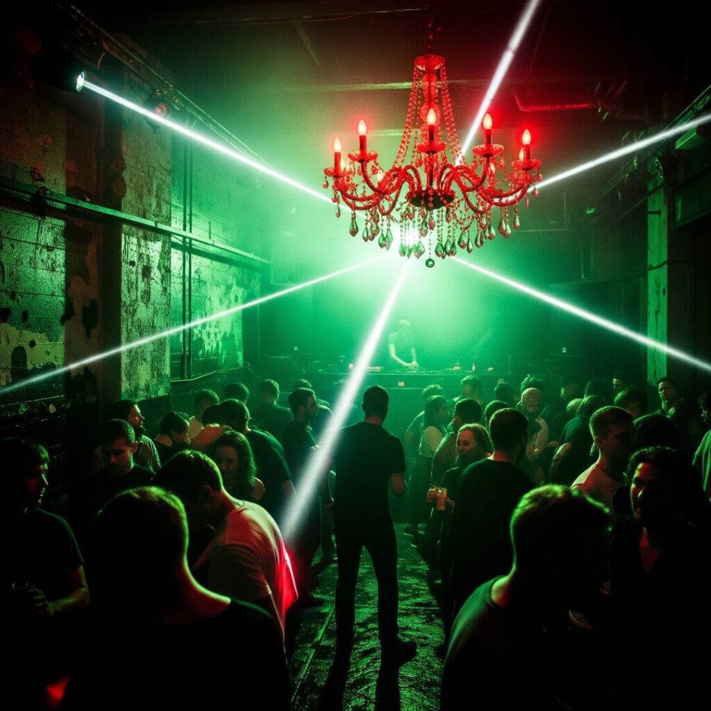 Rave with chandelier and green and red lights.