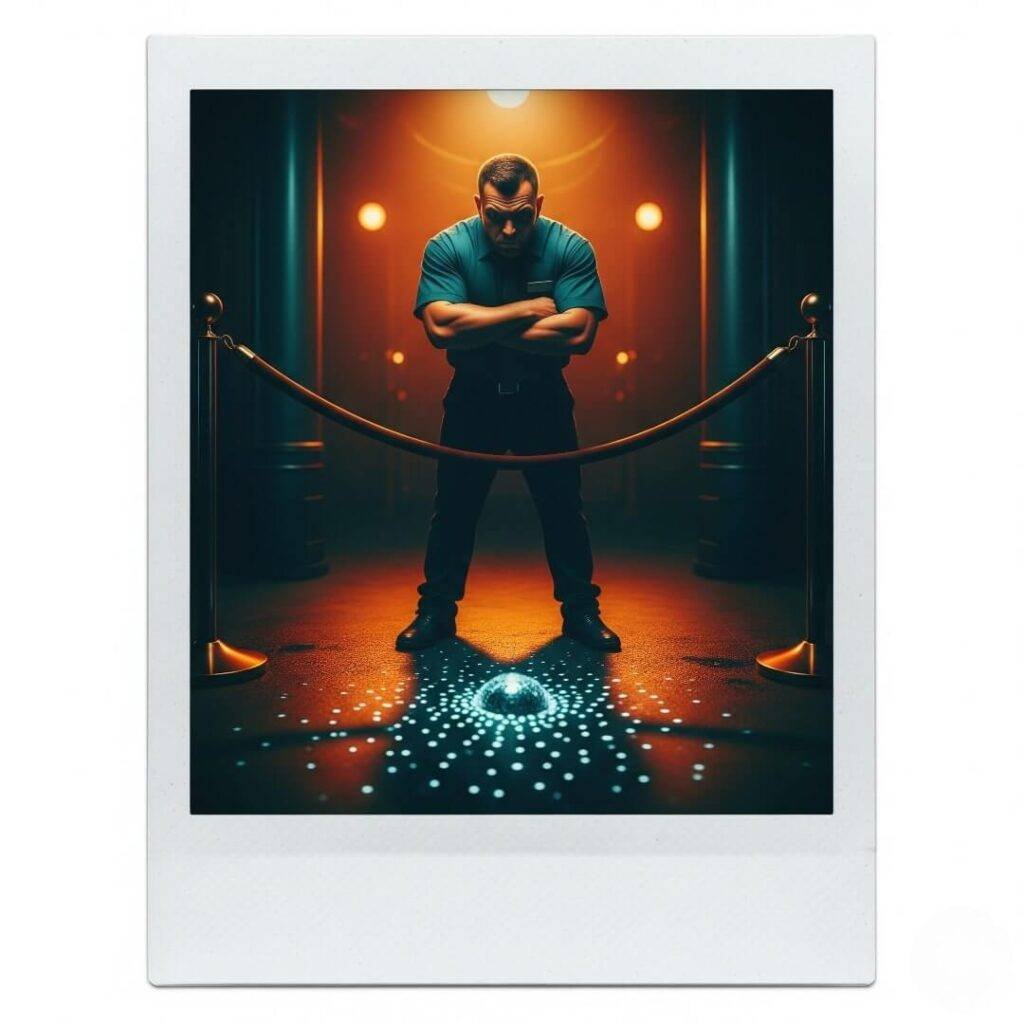 A Polaroid-style photo of a bouncer and velvet rope.