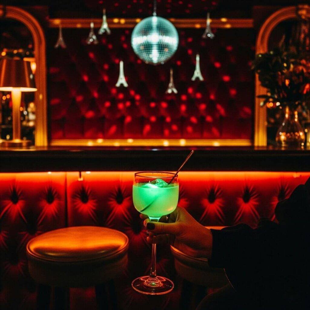 Vintage shot of barstool POV with a glowing drink.