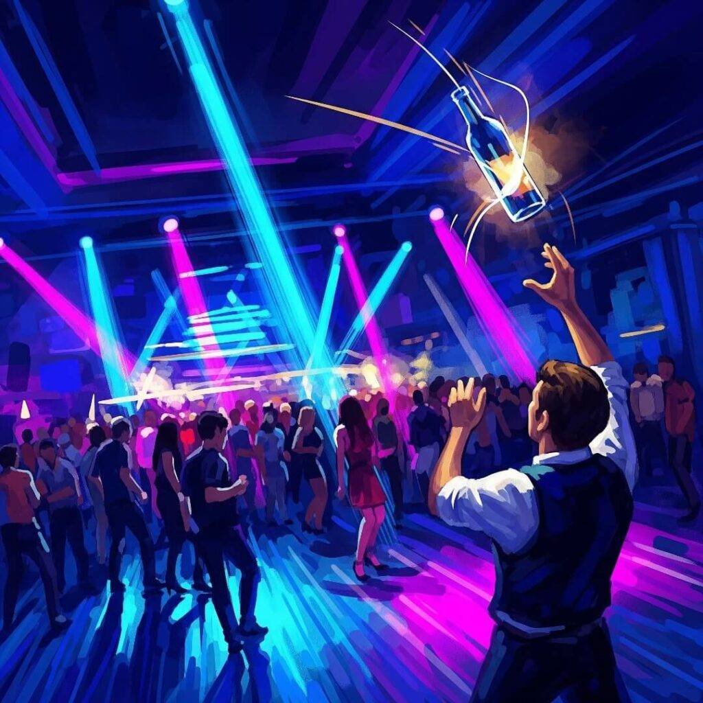 Impressionistic painting of a chaotic dance floor with a bartender.