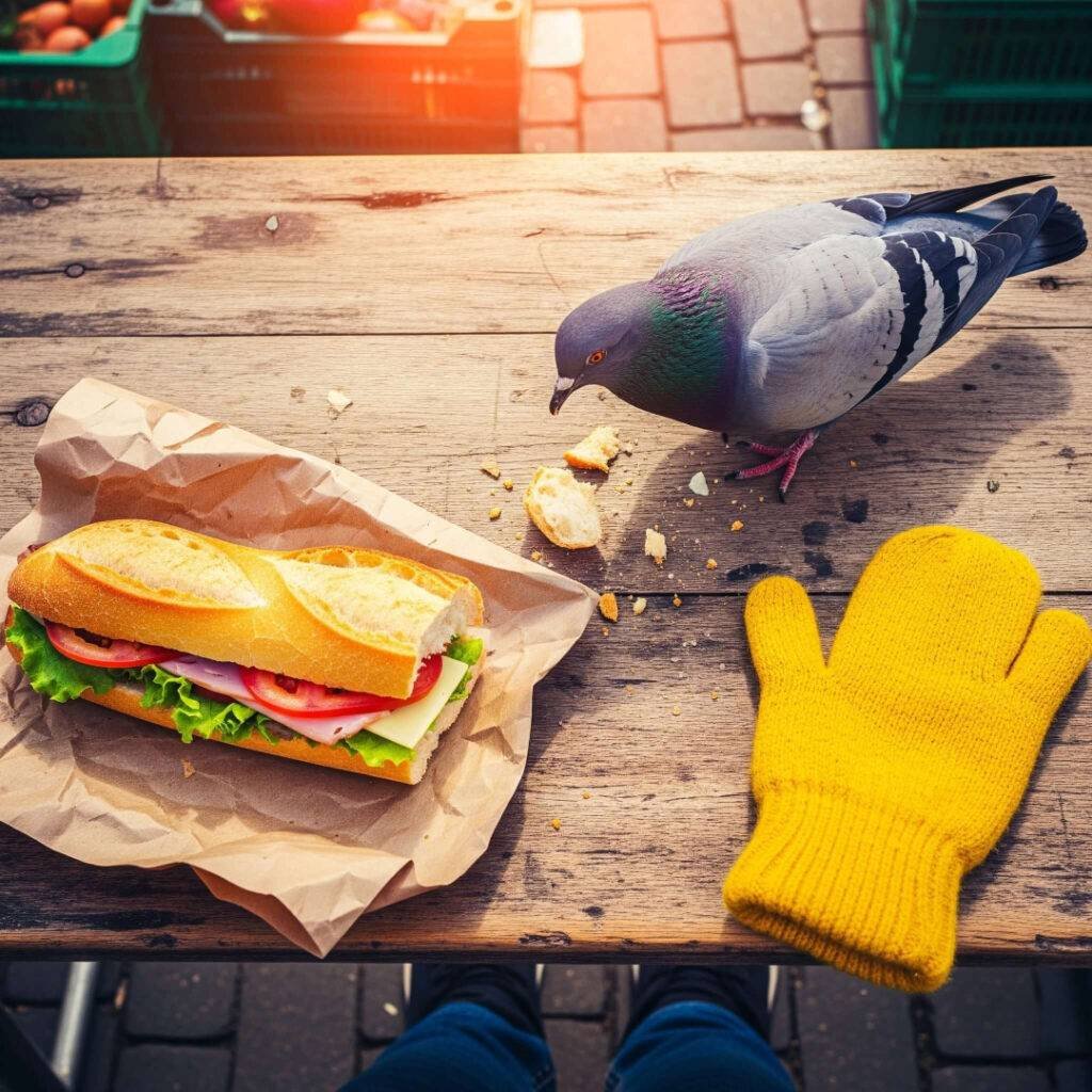 A half-eaten sandwich with a pigeon and mitten.