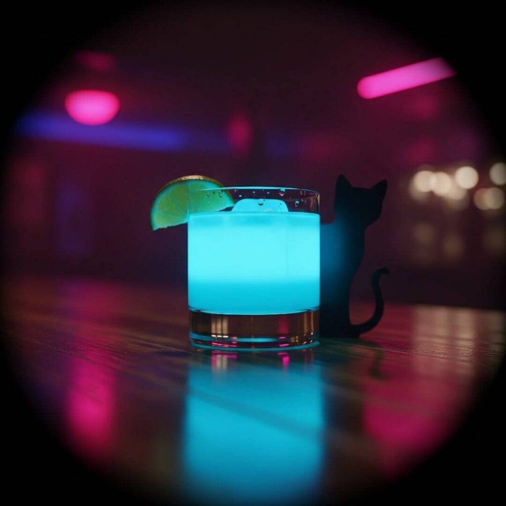 Blue glowing cocktail glass with a cat silhouette.