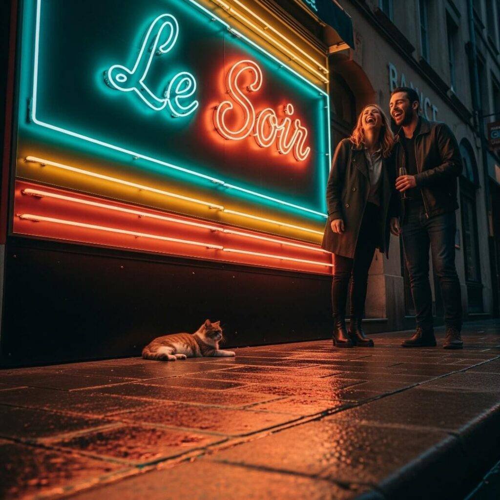 Muted teal and orange neon-lit bar with cat.