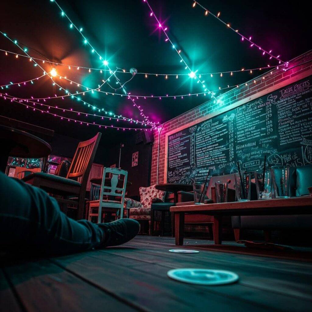 Bar with fairy lights from a low angle.