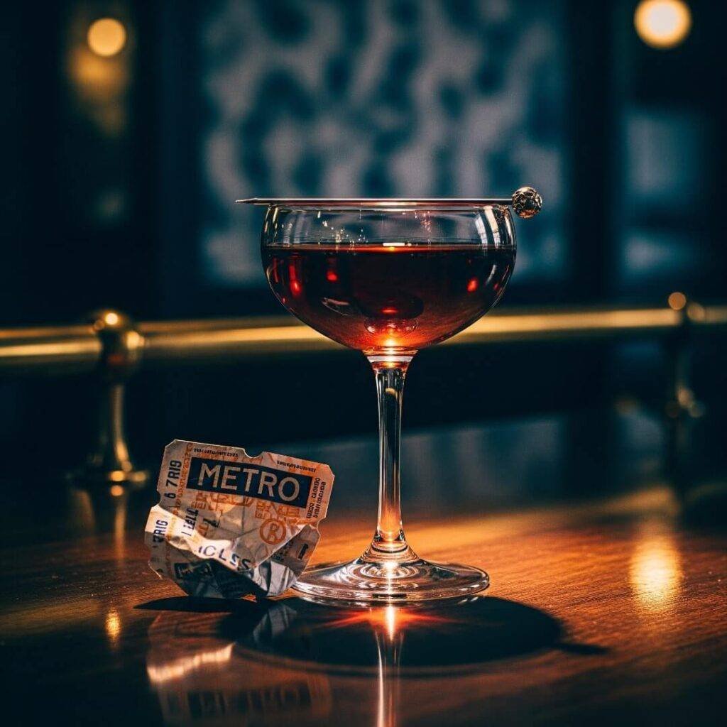 Vintage cocktail glass with Metro ticket on a bar.