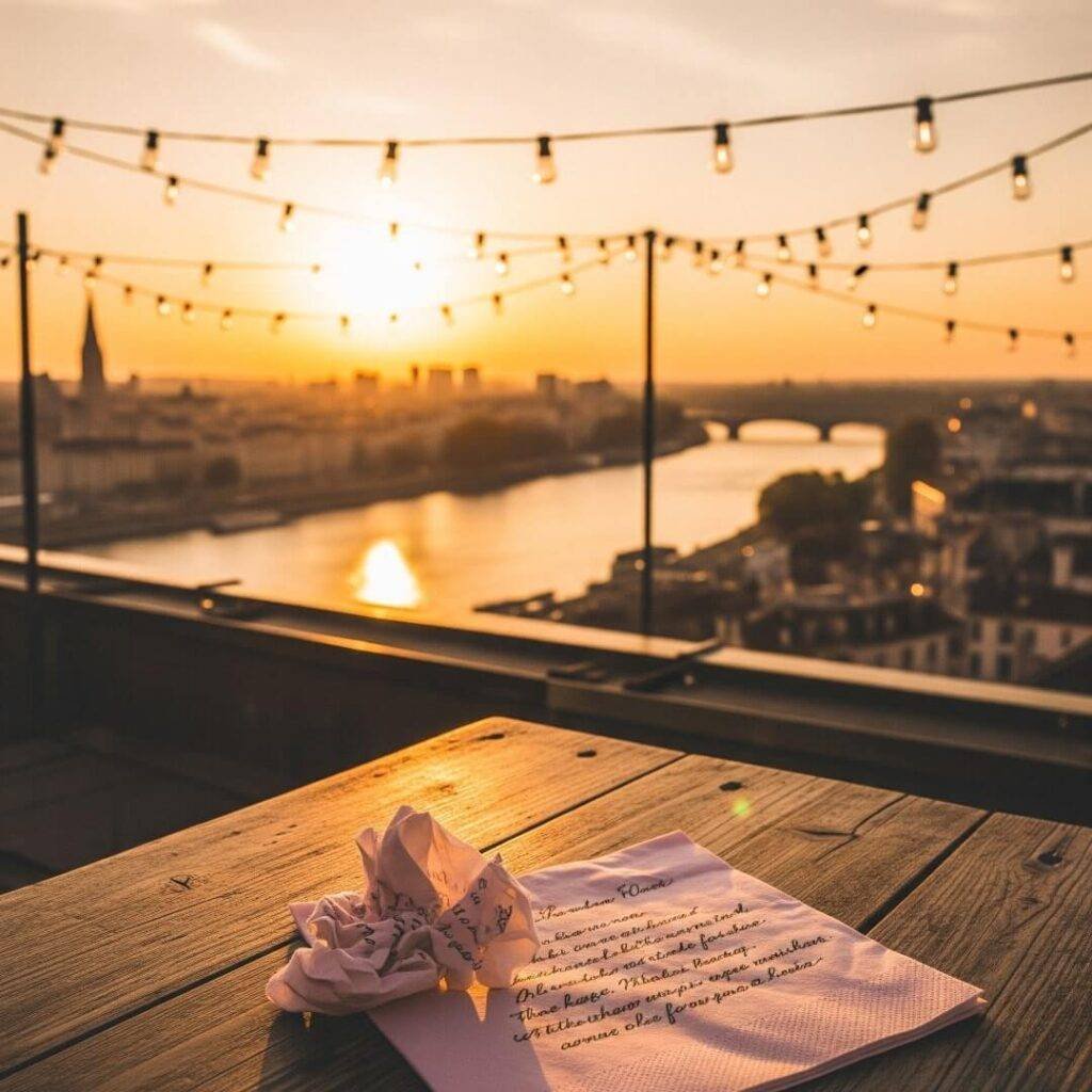 Rooftop sunset view with fairy lights and crumpled poetry.