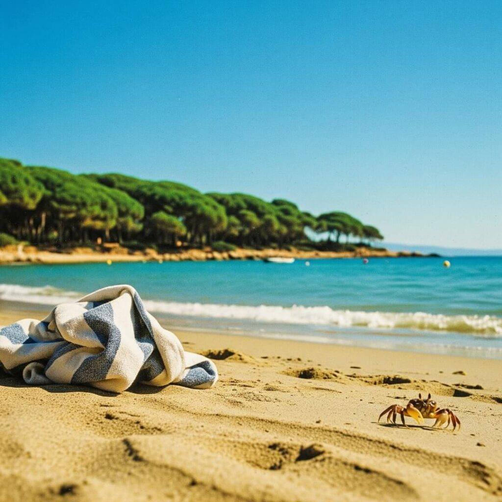 Quiet beach with crab and crumpled towel.
