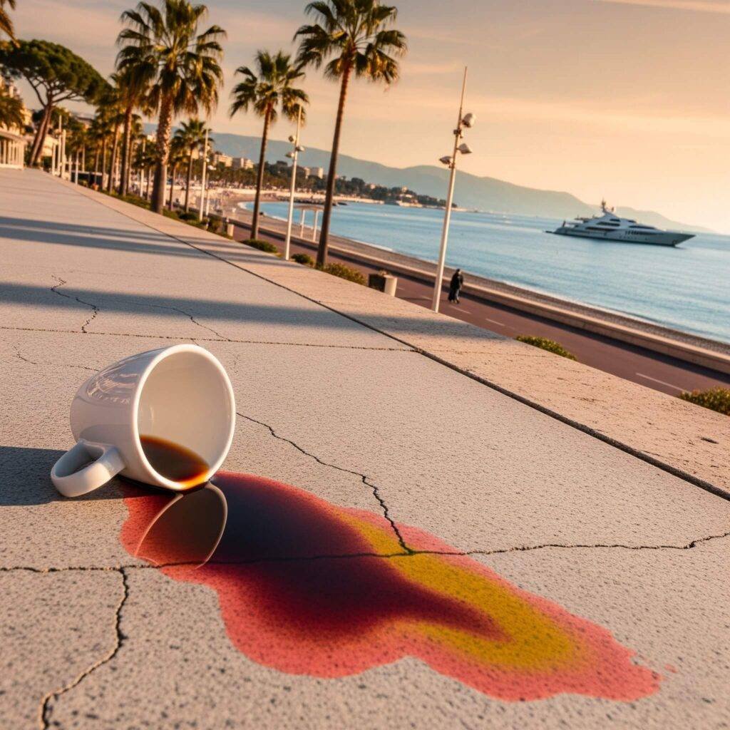 Spilled coffee cup on a Cannes promenade.
