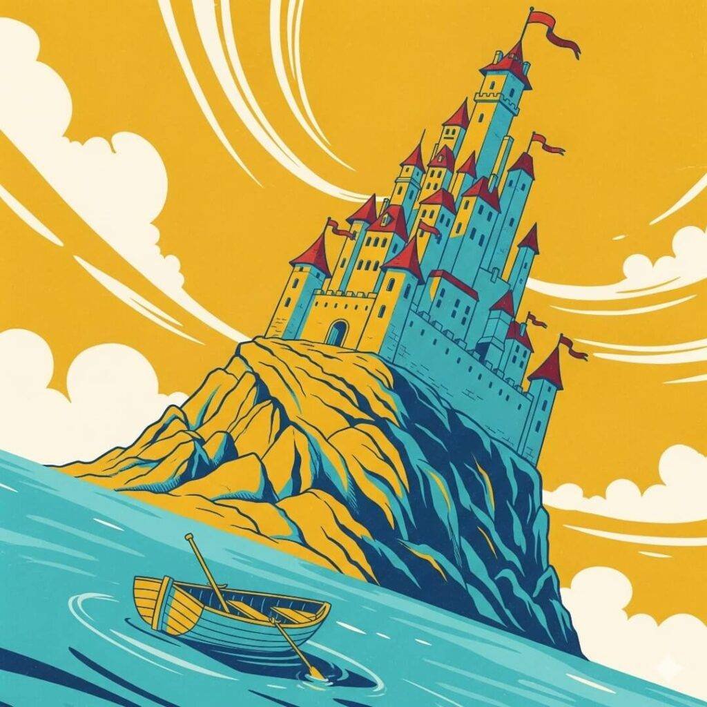 A tilted, vintage illustration of a castle on a hill.