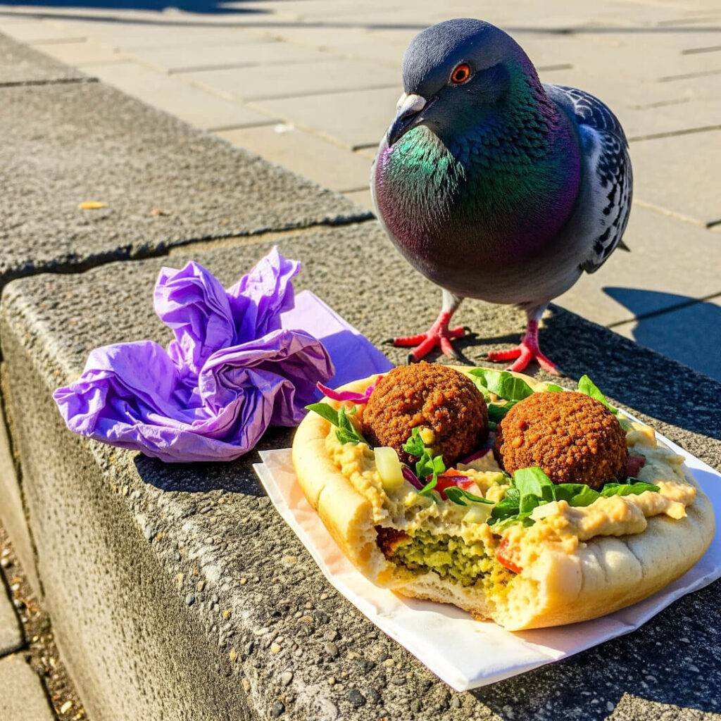 A half-eaten falafel pita on a curb.