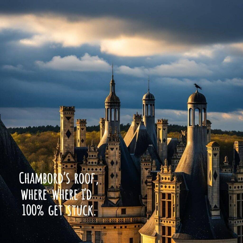 Rooftop spires of a chateau under a moody sky.