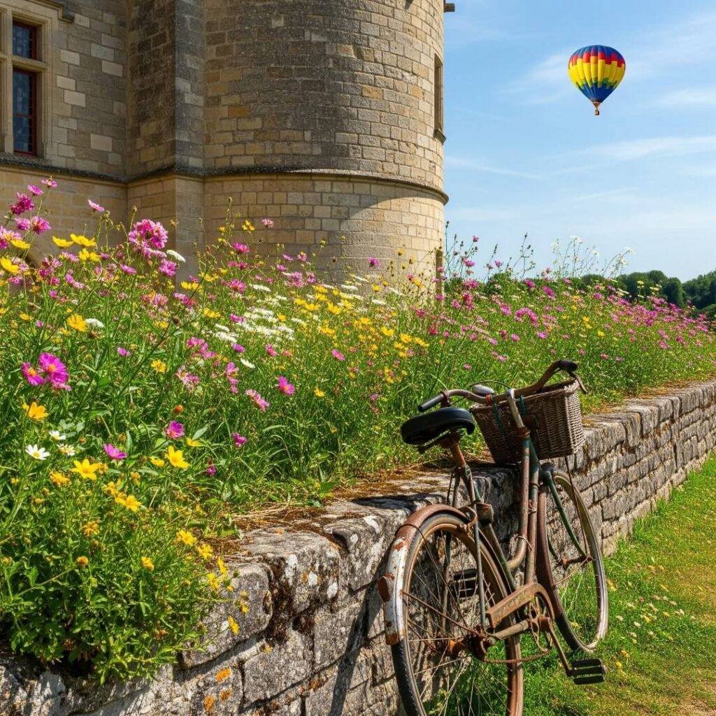 Rusty bike against castle wall with wildflowers and hot air balloon.