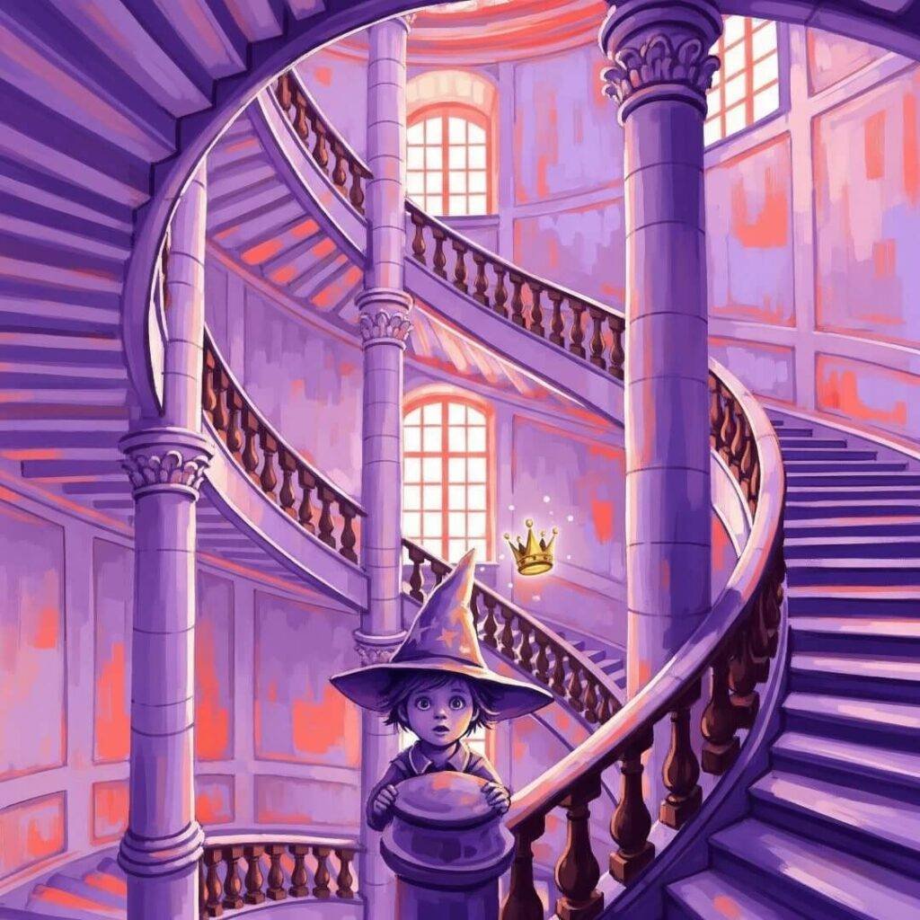 Chambord staircase, kid, wizard hat, floating crown.