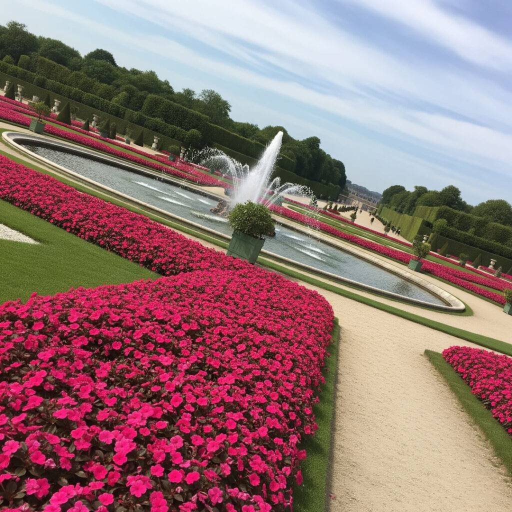 Versailles gardens, fountains, pink flowers.