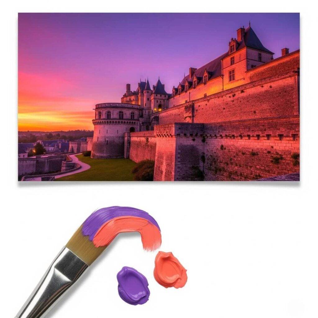 Amboise castle at sunset, paintbrush, purple and coral paint.