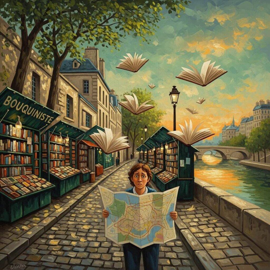 Impressionist painting of Latin Quarter bookshops with a confused tourist.