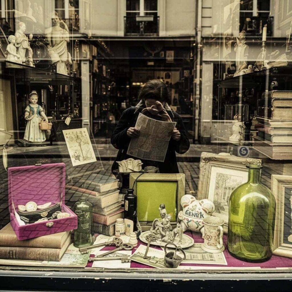 Man looking at map, reflected in shop window.