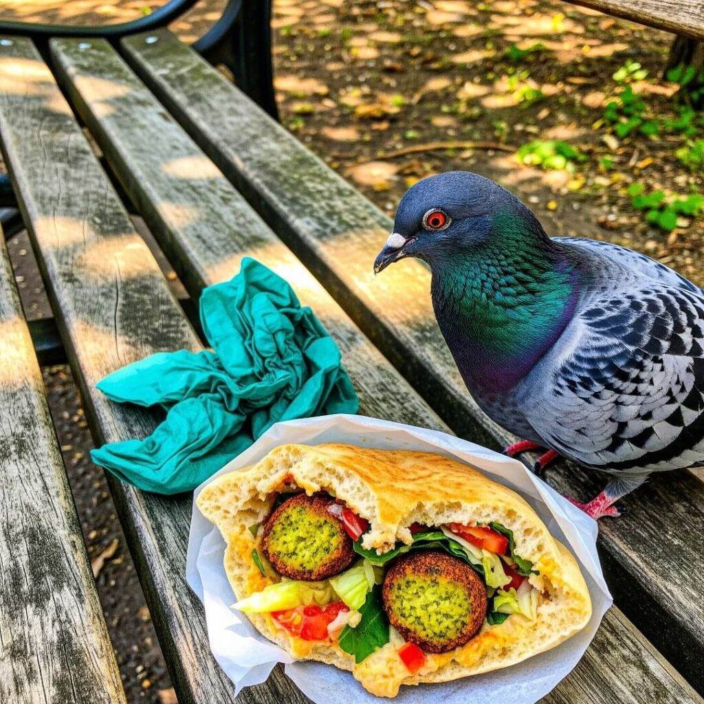 A half-eaten falafel pita with a pigeon.