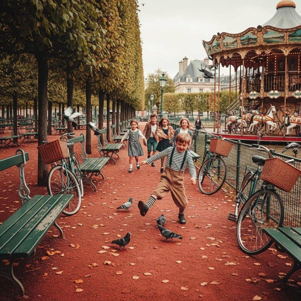 A vintage-inspired image of Luxembourg Gardens with a child tripping.