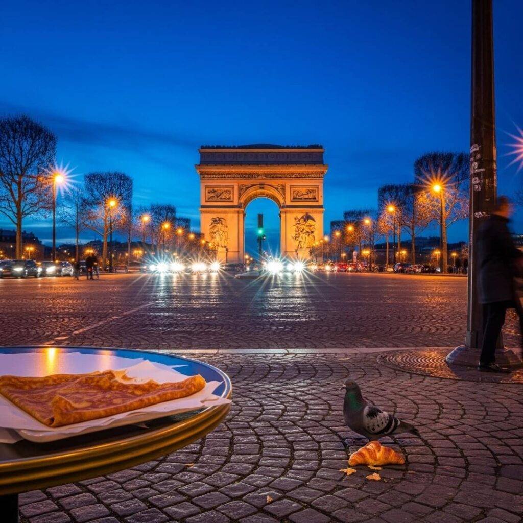 Arc de Triomphe at dusk, pigeon eating croissant.