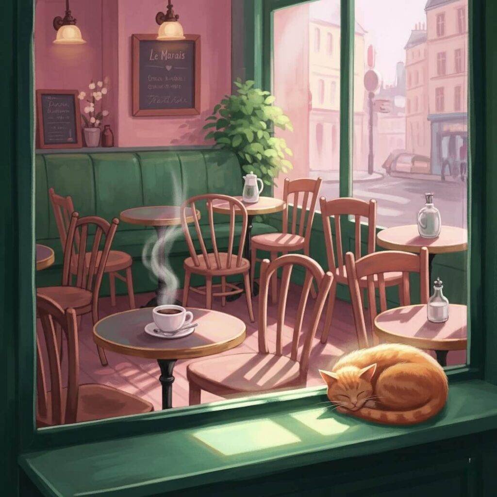 A digital painting of a café with a cat.