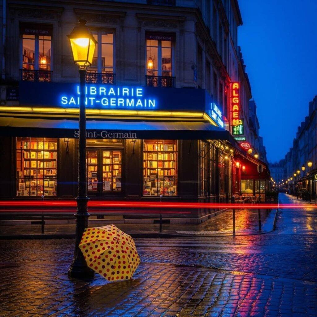 A rainy Paris night with a bookstore and colorful umbrella.