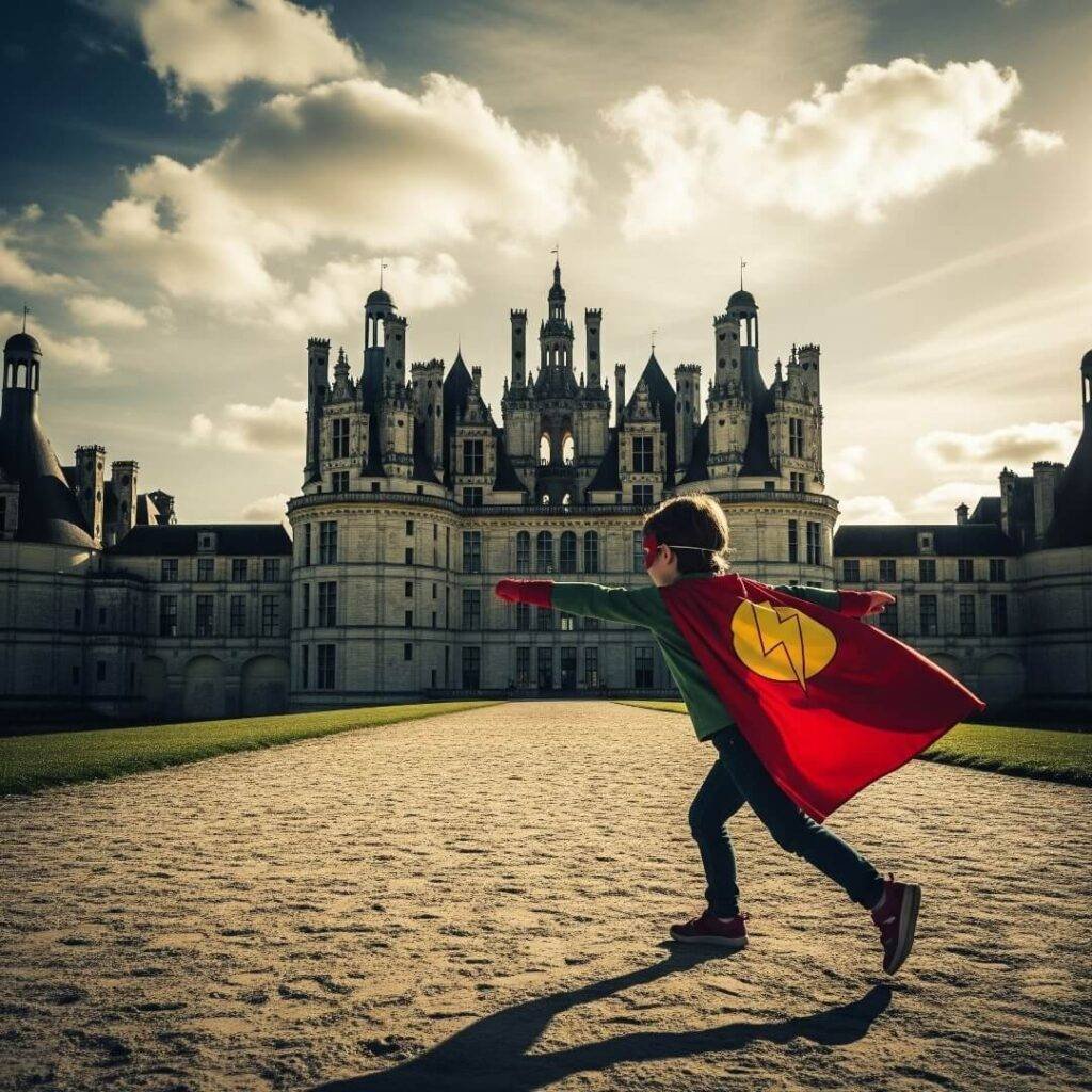 A kid in a cape charging a French castle.