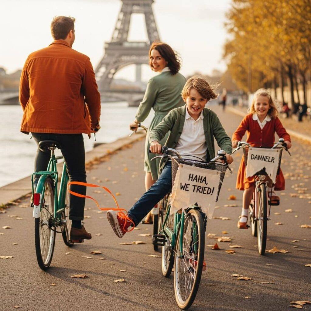 Family biking along the Seine with a humorous shoelace flag.