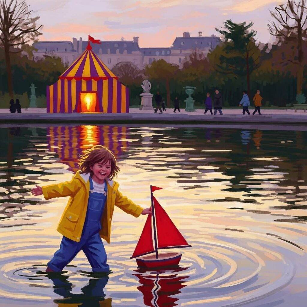 Kid playing with a toy boat in a pond.