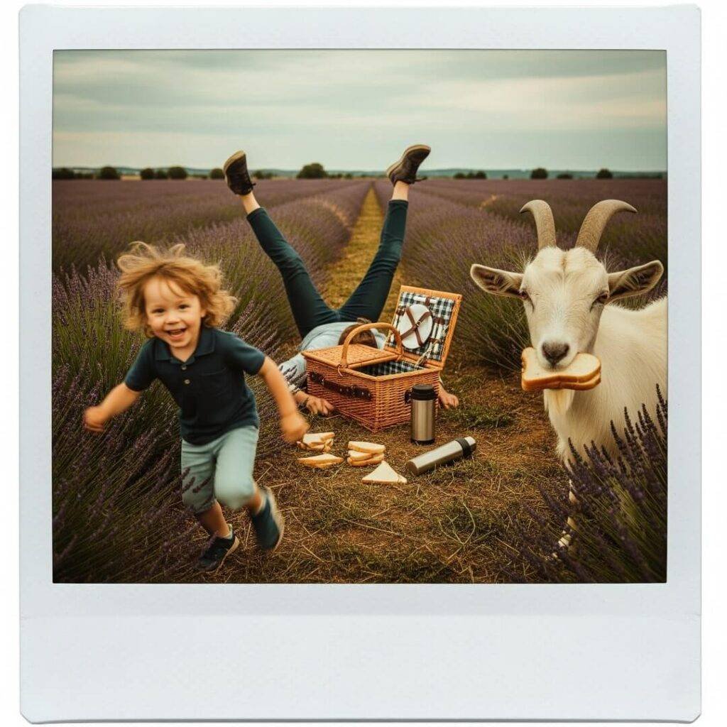A polaroid of a kid, parent, and goat in a lavender field.