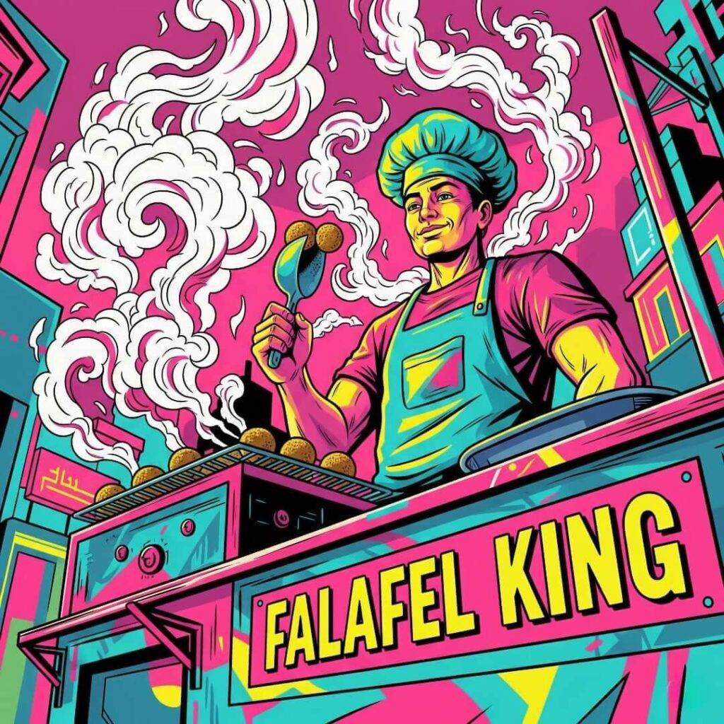 A pop-art illustration of a falafel vendor.