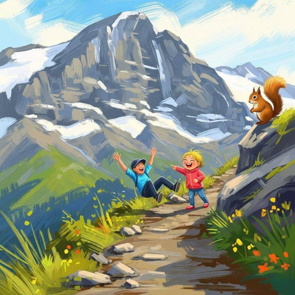 A fun digital painting shows a person falling on a mountain trail as a child giggles.