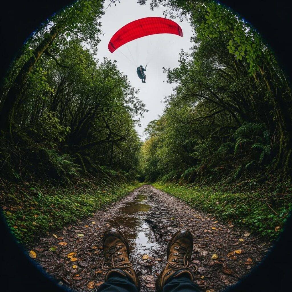 Fisheye shot of a muddy trail with boots and a paraglider overhead.